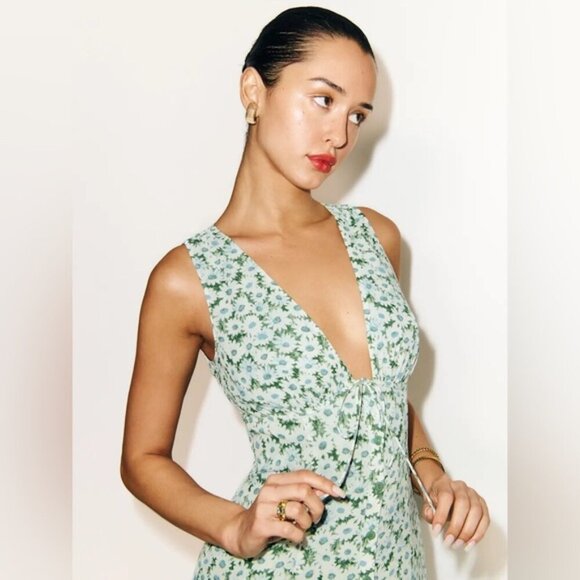 NEW Reformation Ceara Midi Dress Daisy Meadow Green Floral | US 0 UK 4 - Picture 2 of 16